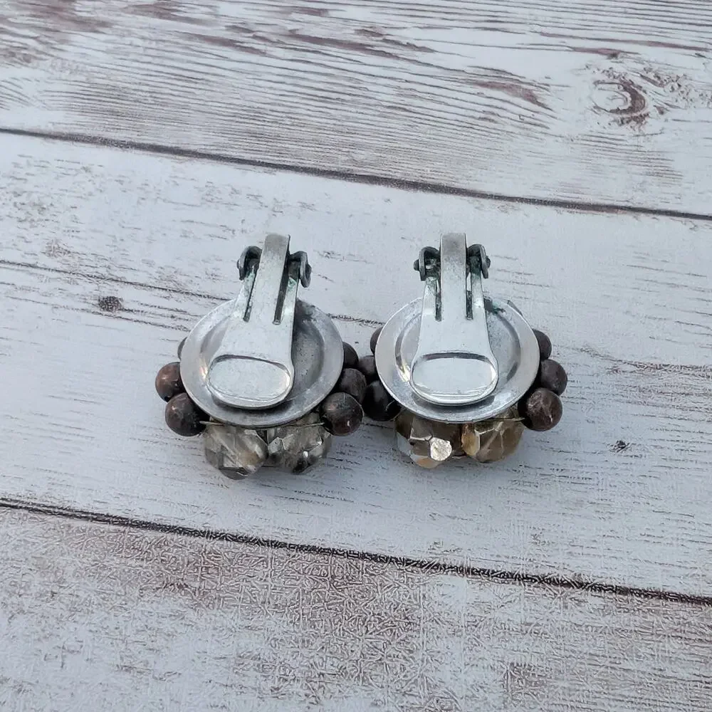 Vintage Clip On Earrings Large Cluster Brown - Fair Condition